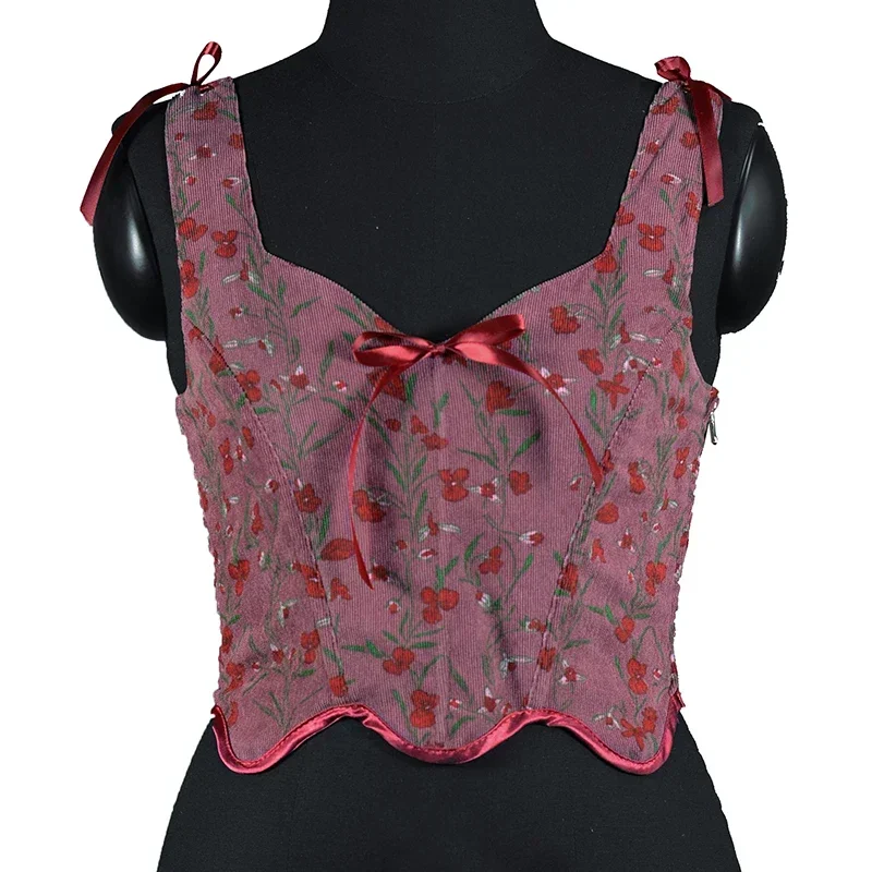 Vintage Flower Print Overbust Corset Crop Top Vest For Women Bandage Sleevelsss Summer Bustier