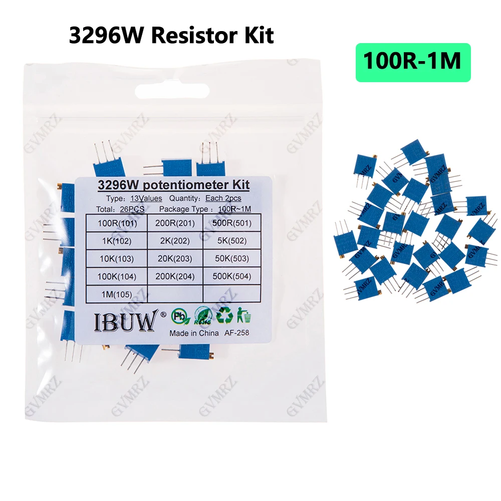 26PCS 13Values 3296W Potentiometer Kit (100R-1MΩ) for Precision Electronic Equipment Tuning & Circuit Prototyping 500R 1K 10K 5K
