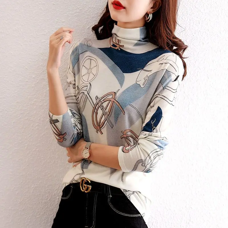 Spring Autumn New Fashion Printing Turtleneck T-Shirts Ladies All-match Slim Knitting Knitting Women Clothing Bottoming Shirt