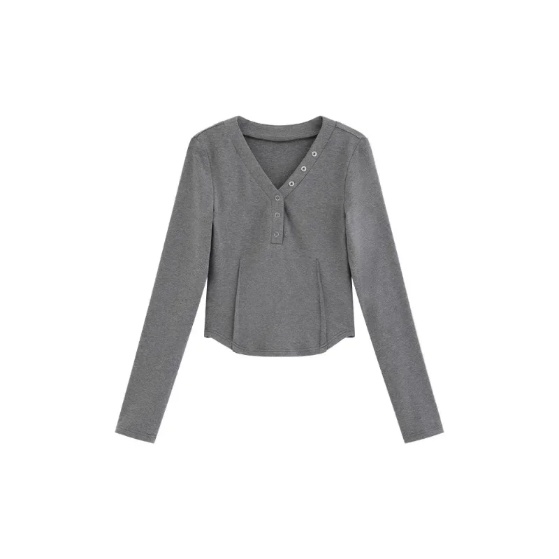 تي شيرت نسائي بأكمام طويلة ورقبة على شكل حرف V، ملمس كشمير ناعم، مقاس نحيف، تفاصيل أزرار مريحة، مثالية لطبقات الارتداء اليومي