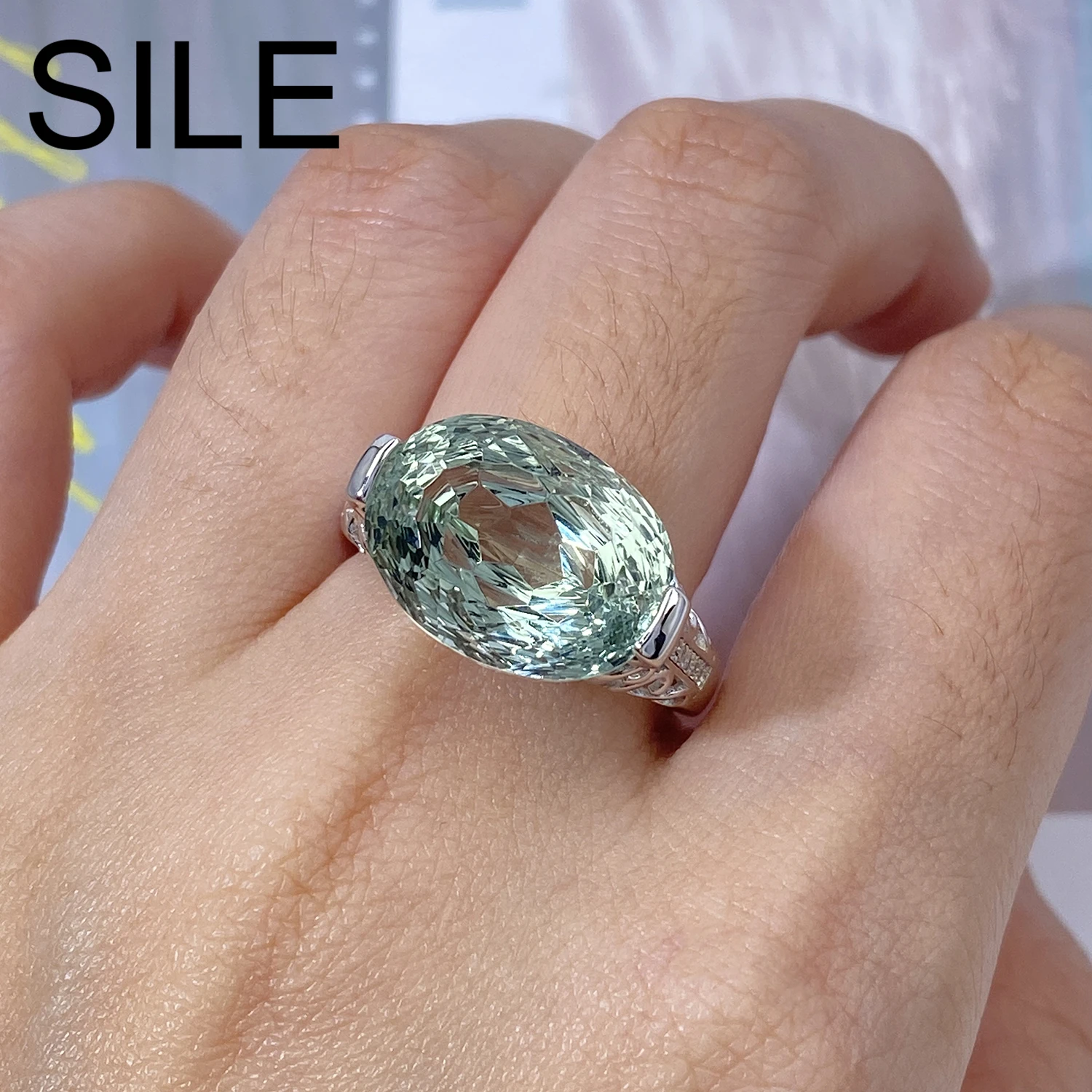 SILE Hollow Out 925 Sterling Silver Jewelry Women 10.25 Carat Natural Green Phantom Crystal Rings Big Gemstone Engagement Ring