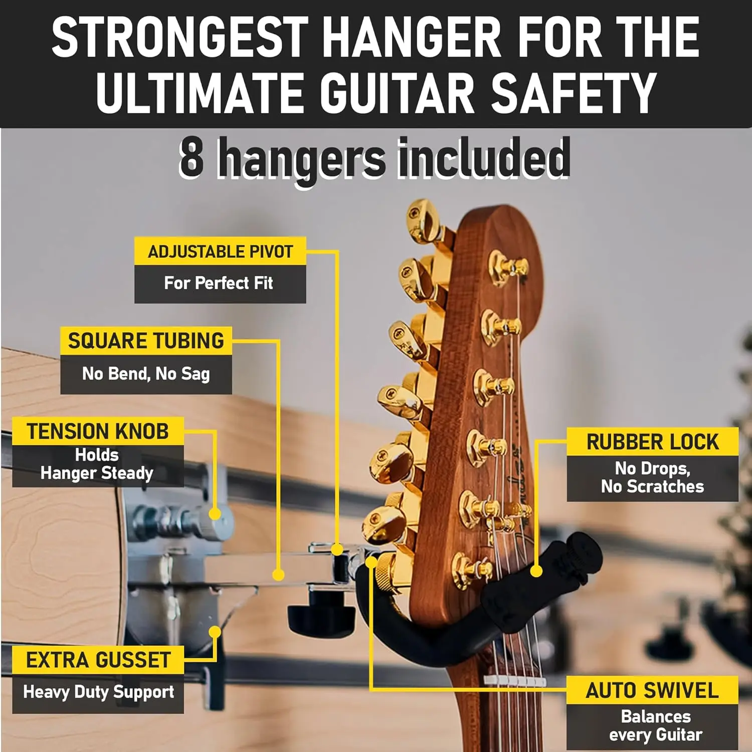 Multiple Guitar Wall Mount with 8 Guitar Holder Locking System, 48-Inch Black Wall Hanger for Guitars and Ukuleles