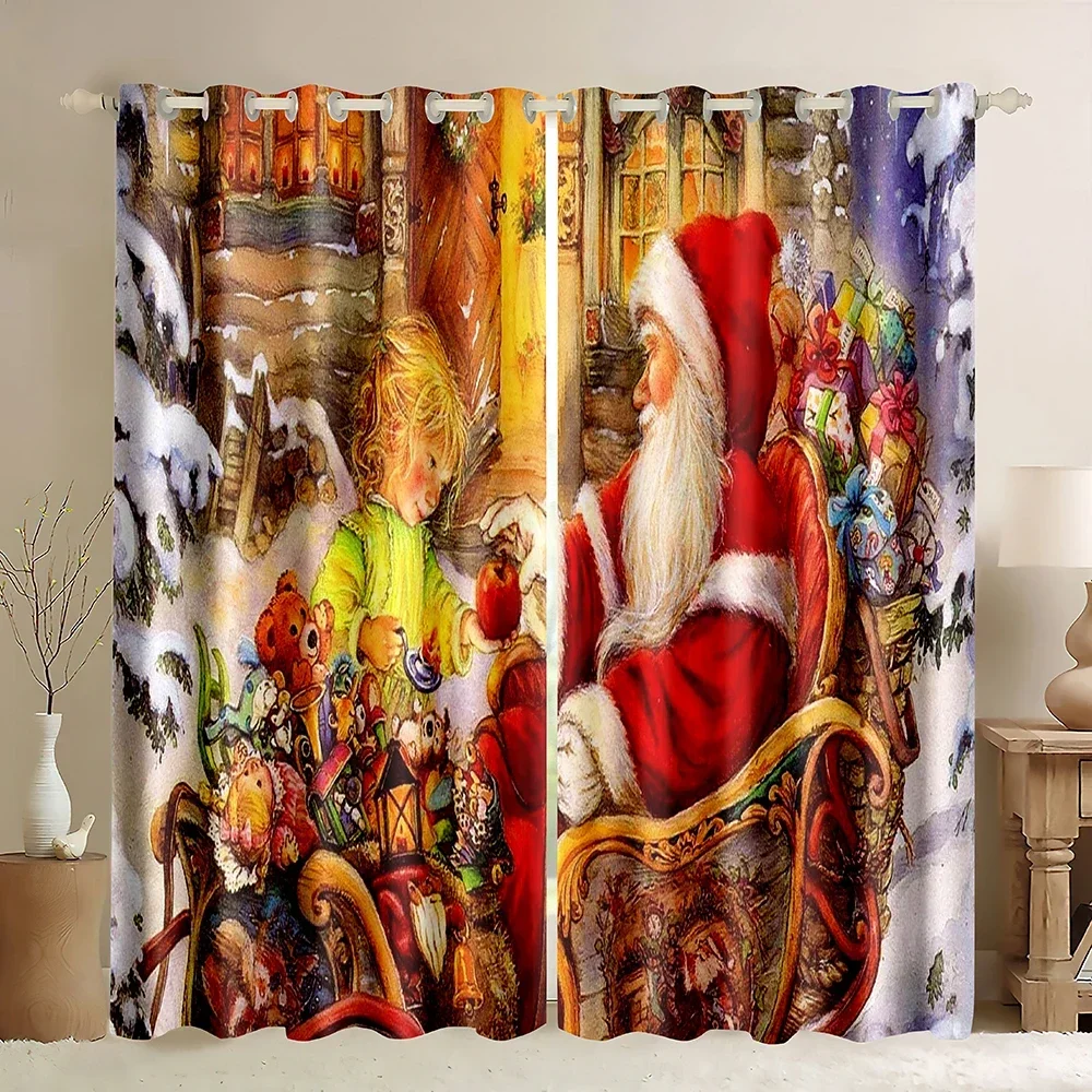 Santa Window Curtains,Old Santa Claus Feeding Wild Animals Deer Fawn Squirrel Pigeon at Christmas Night Xmas Blackout Curtains