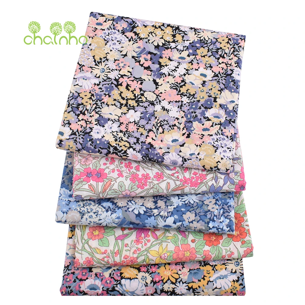 

Chainho,5 Designs Flower Printed Plain Cotton Fabric,DIY Sewing Quilting Poplin Material For Baby Children's Shirts,Skirts,Dress