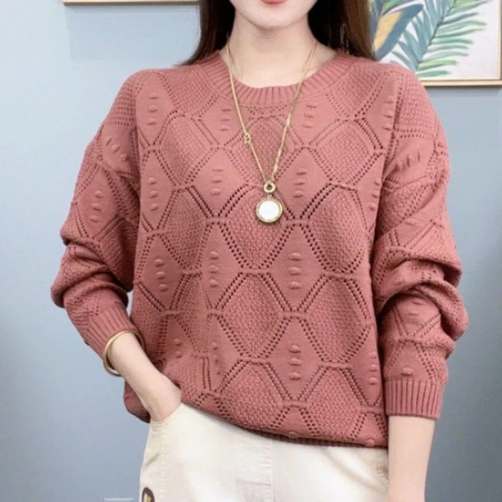 Solid Color Round Neck Hollow Out Loose Long Sleeve Knitted Sweater For Women Spring Autumn Winter Daily Vacation Club Top