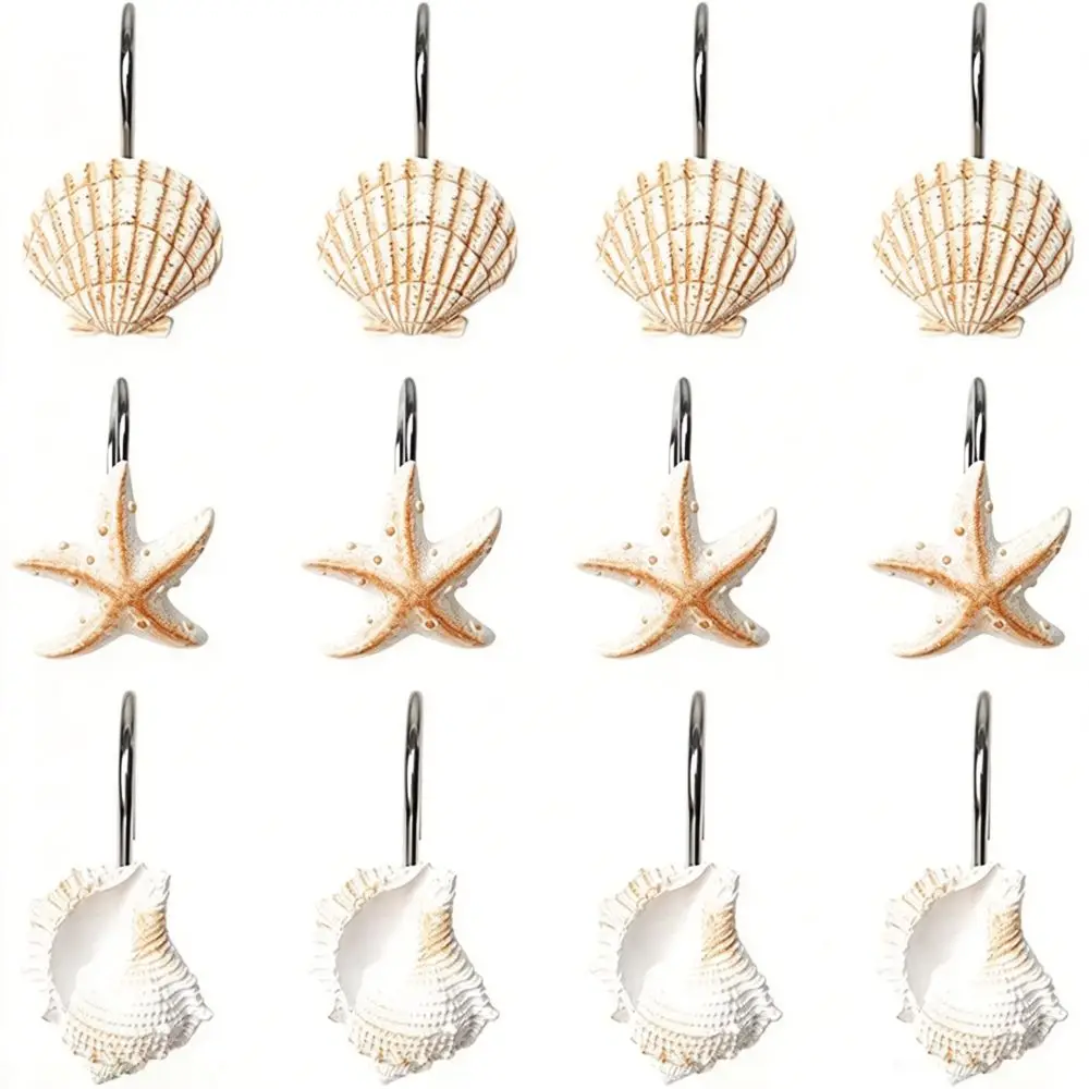 12 Pieces Shower Curtain Hooks Resin Material Conch Shell Design Ocean Theme Curtain Rings Curtain Rings Style Starfish Design