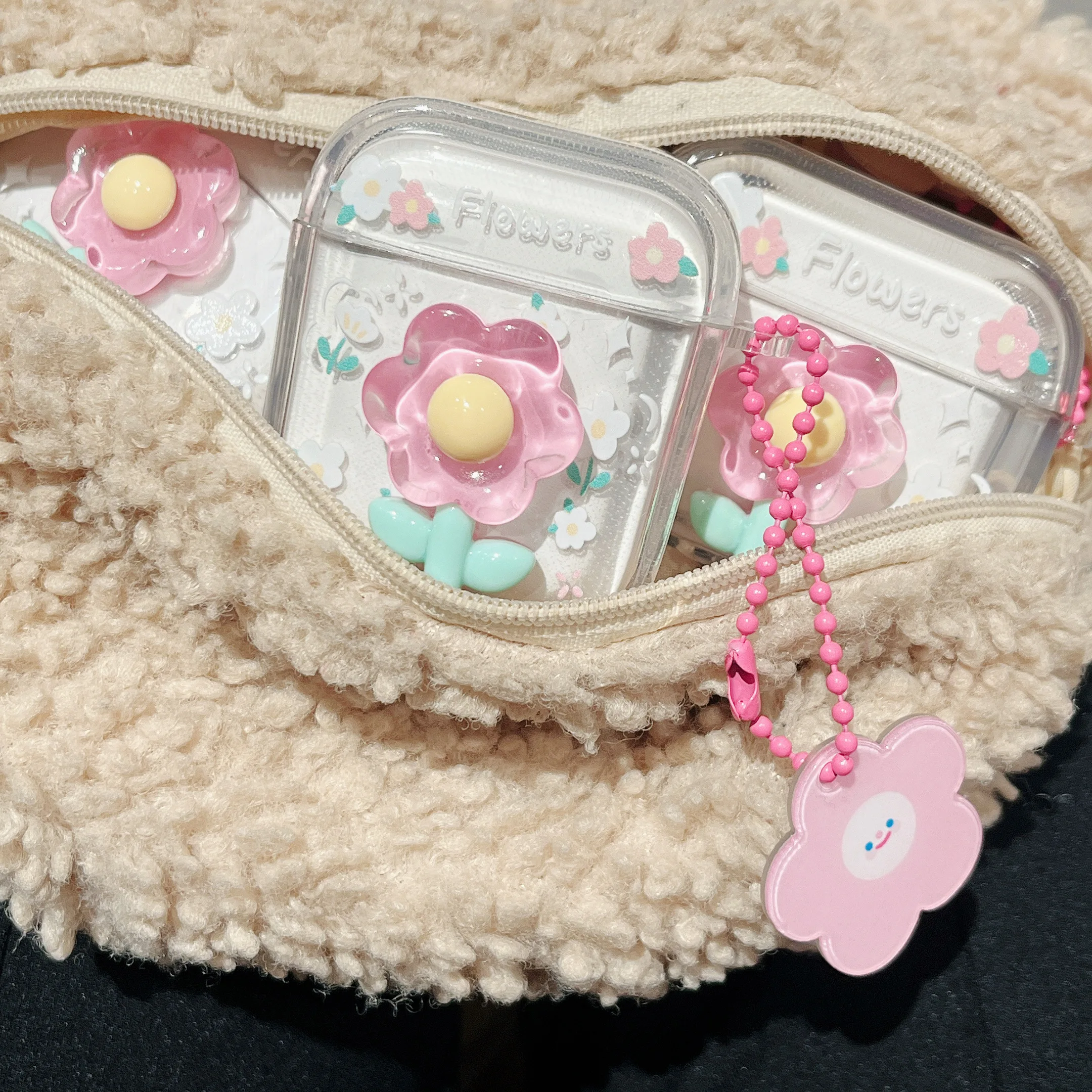 Funda de lujo con flores 3D para AirPods Pro 2, carcasa transparente para auriculares con Bluetooth, colgante de Smiley, llavero, 1, 2, 3