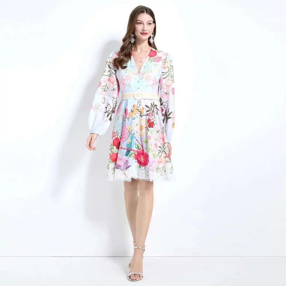 Luxury Floral Dress Women 2025 Summer Holiday Printed Flower Short Dresses Party Single Breasted Lace Hem Evening Vestidos