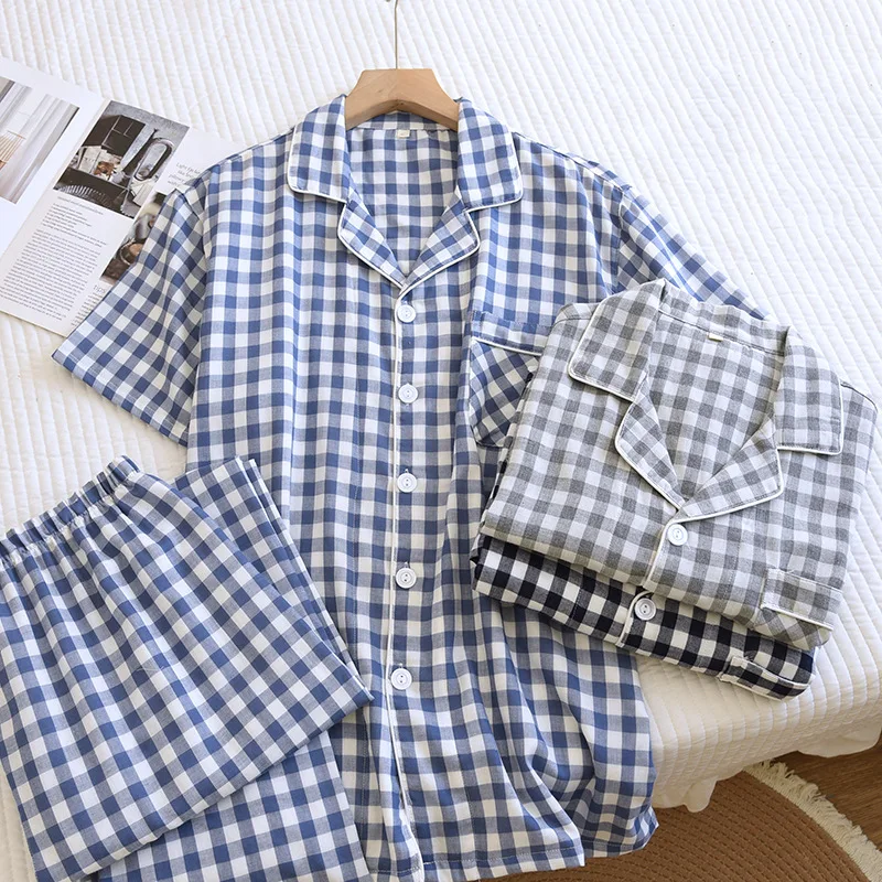 High Quality Men Sleepwear Clothes Short Sleeved Long Pants Cotton Double-layer Crepe Summer Thin Plaid Pijama Masculino
