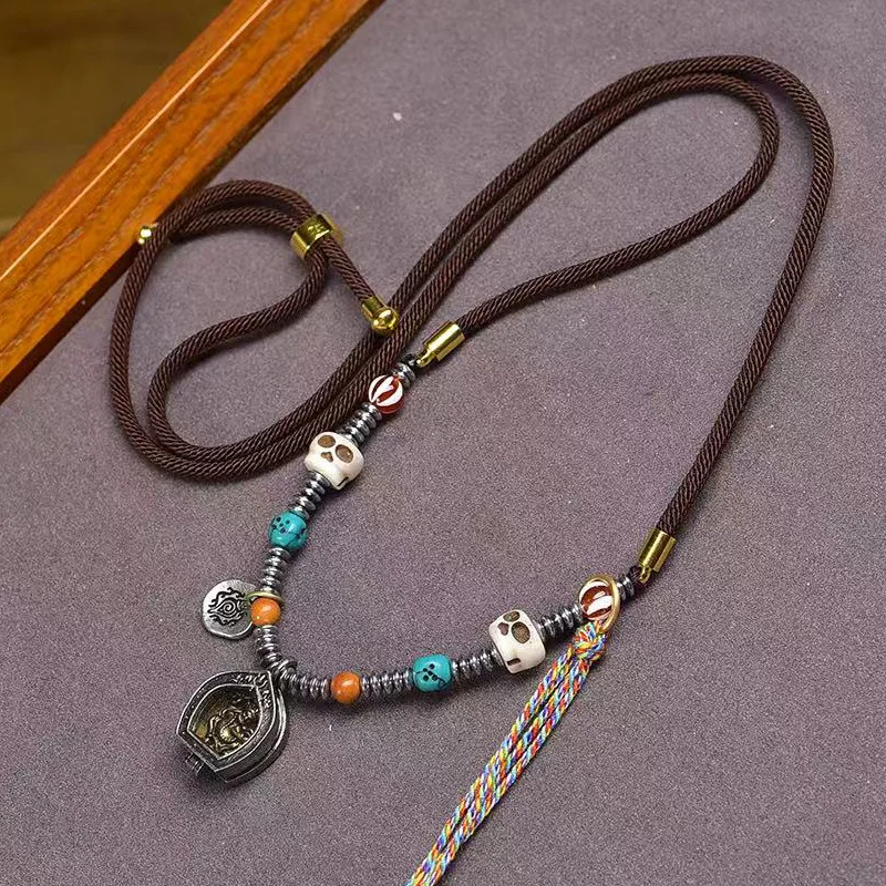 Hand-woven adjustable rope necklace with an old iron nine-palace-bagua and a yellow wealth god Gahu box pendant  suitabl