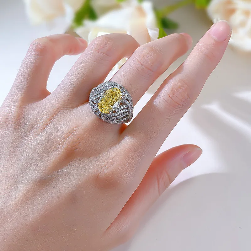 S925 Silver Ring Egg shaped Brilliant Yellow Ice Flower Cut 8 * 12 High Carbon Diamond Ring, Small and Unique Design Ring