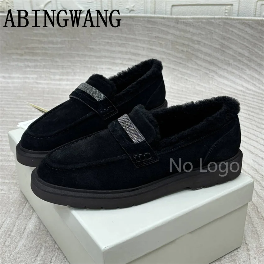 الجلد المدبوغ داخل الفراء الشقق المتسكعون للنساء الانزلاق على المدرج السيدات مكتب الأحذية 2025 الخريف الشتاء كسول أحذية النساء أحذية دافئة #2