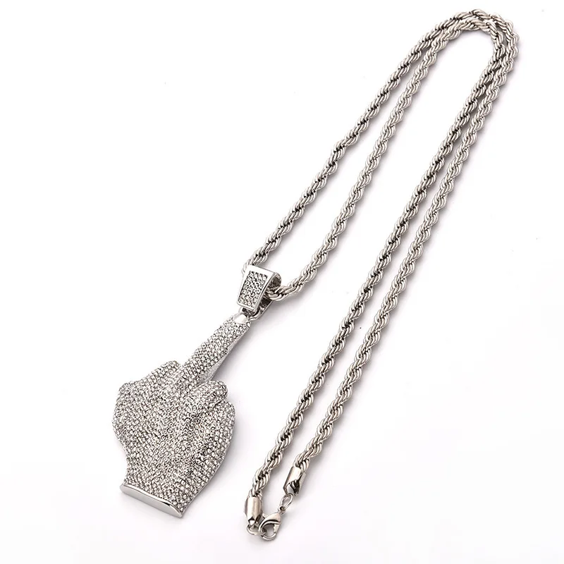 Ice Out Zircon Polite Gesture Middle Finger Necklace Men Women Punk Hip Hop Rap Rock Party Jewelry Gift