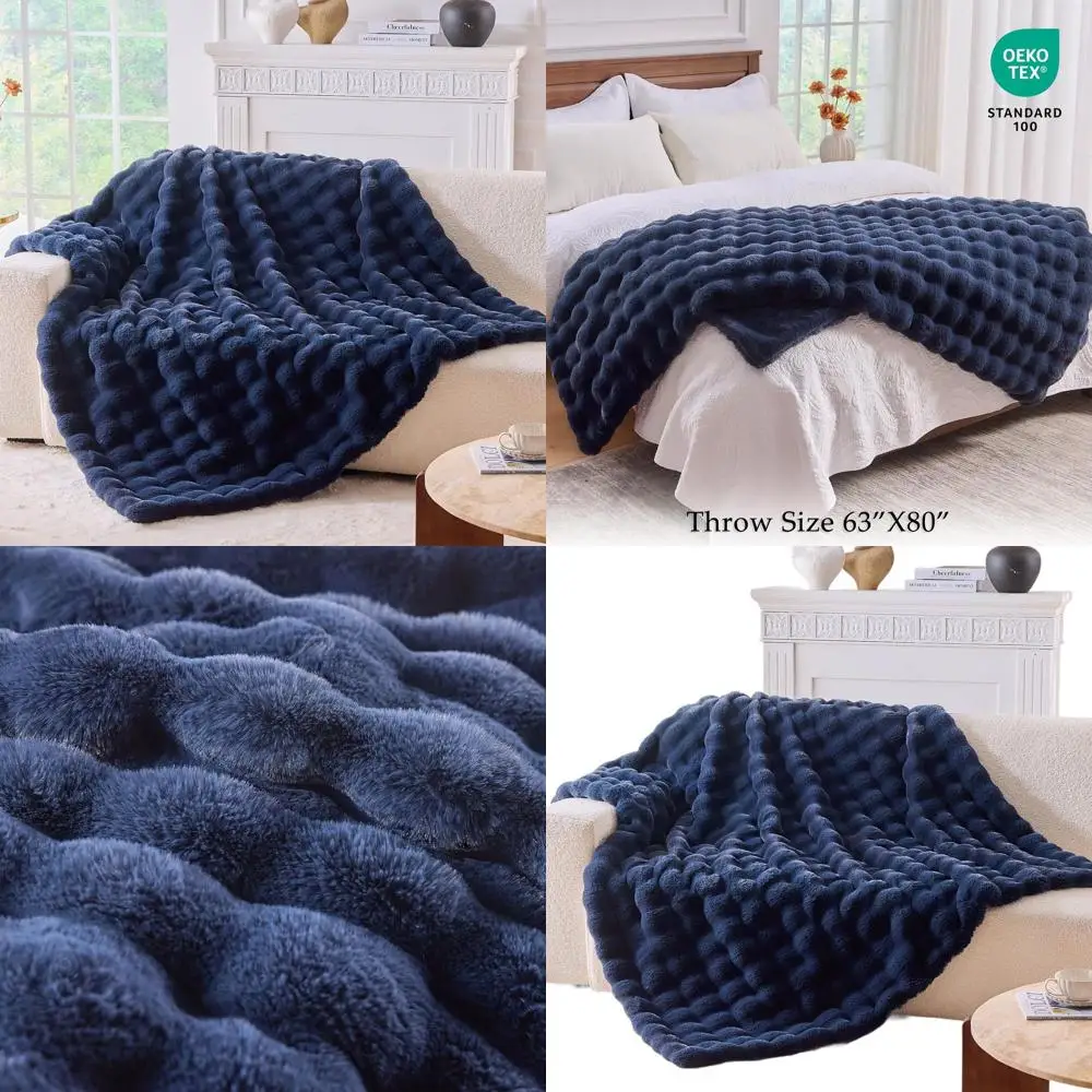 

Luxury Navy Blue Plush Minky Throw Blanket, 63x80, 1100 GSM, Cozy Faux Fur for Living Room & Women's Gifts