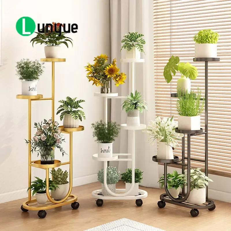 Wrought Iron Flower Shelf Floor to Ceiling Plant Stand Light Luxury Succulent Pot Rack Movable Balcony Display for Living