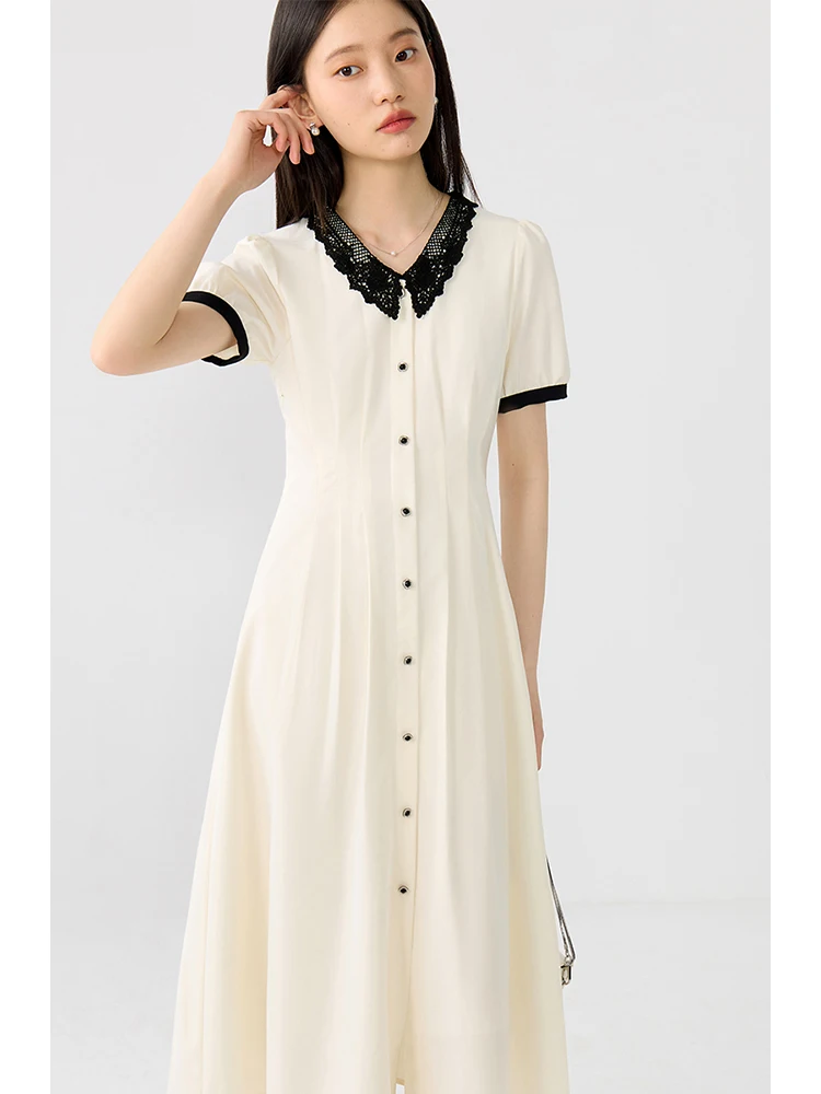 ZIQIAO Peter Pan Collar Design Female Summer Single Breasted Long Dress Black Lace Patchwork Neckline Women Dresses 24ZQ92203