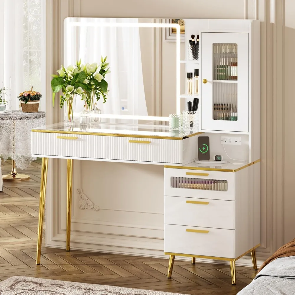

47.24" Big Modern Vanity Desk with Mirror and Lights,Makeup Vanity Desk with 5 Drawers and Storage Shelves & Power Outlet,Dressi