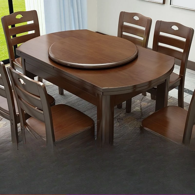 خشب متين، طاولة طعام وكراسي، مجموعة، مربعة ومستديرة، مزدوجة الأغراض، مع قرص دوار