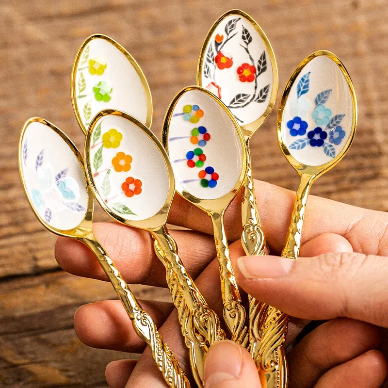 

Japanese High Mulberry Metal Lovely Flowers Stainless Steel Coffee Spoons Retro Palace Small Tea Spoon Gold Kitchen Accessories