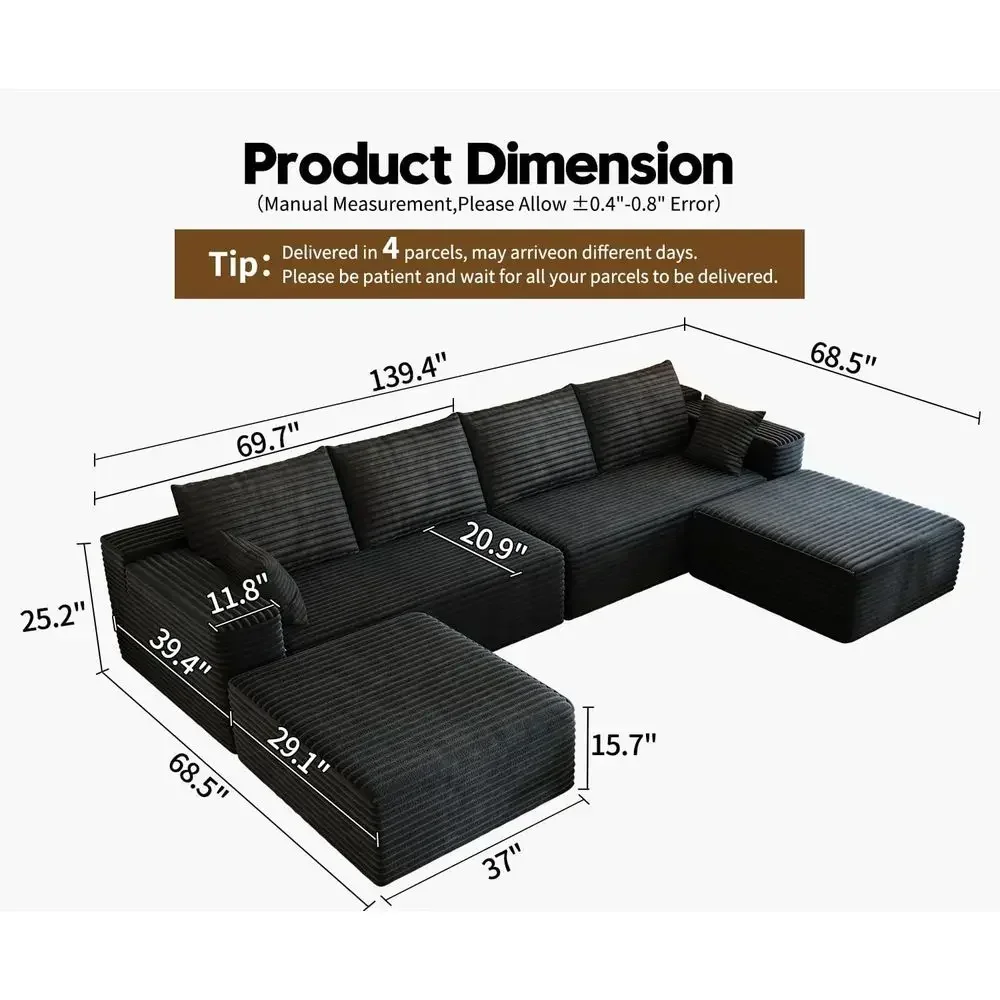 U-Shaped Minimalist 6-Seater Sofa with 2 Ottomans, Deep Seat Sleeper, Cloud Plush Corduroy, No Assembly, Black