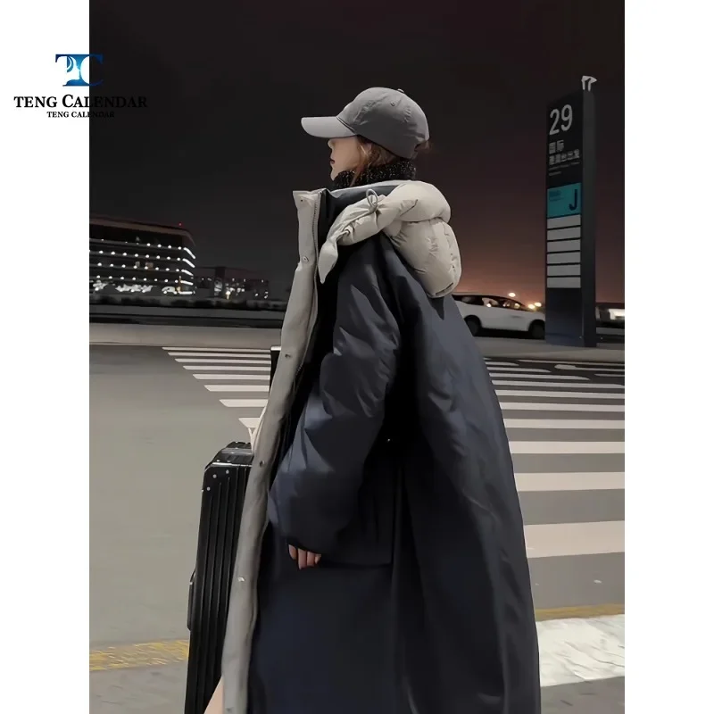 Korean Fashion Plus Size Down Jacket, Long Style with Loose Hooded and Thick Windbreaker on Both Sides, Women's Winter New Style