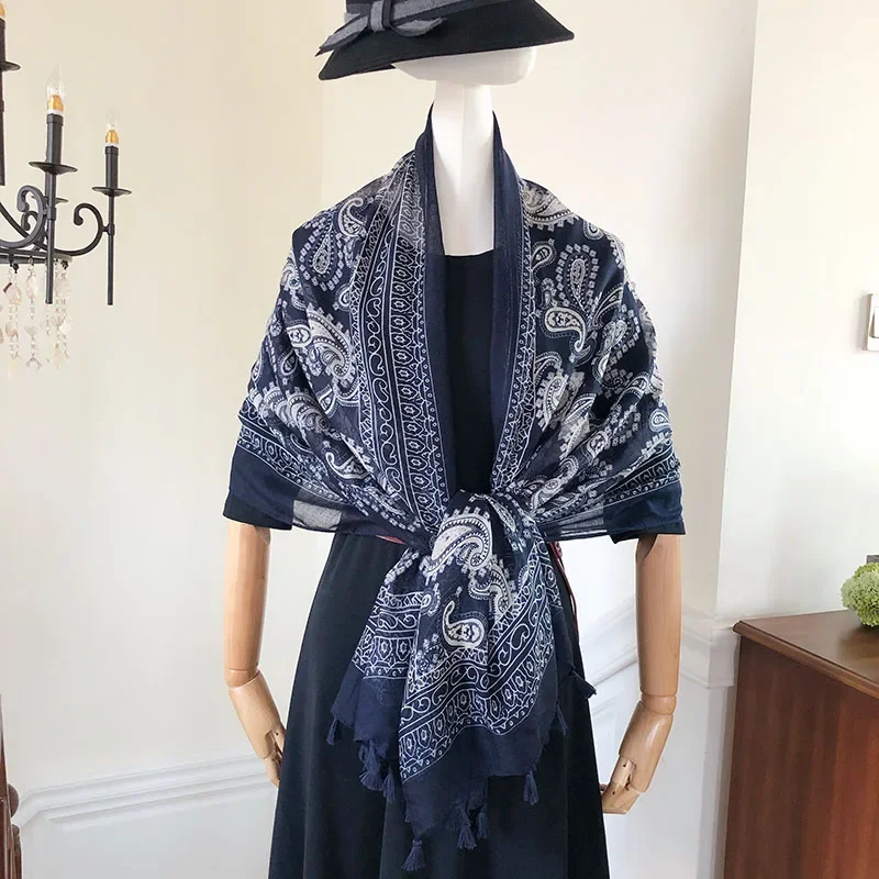 Blue and white porcelain big scarf ethnic style yarn scarf burr edge shawl women's thin versatile silk scarf