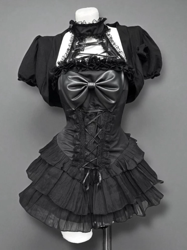 

Gothic Y2k Hot Girl New 2-piece Set Women's Design Bow Lace Slash Neck Darkly Dress Suit Female + Vintage Puff Sleeve Cardigan