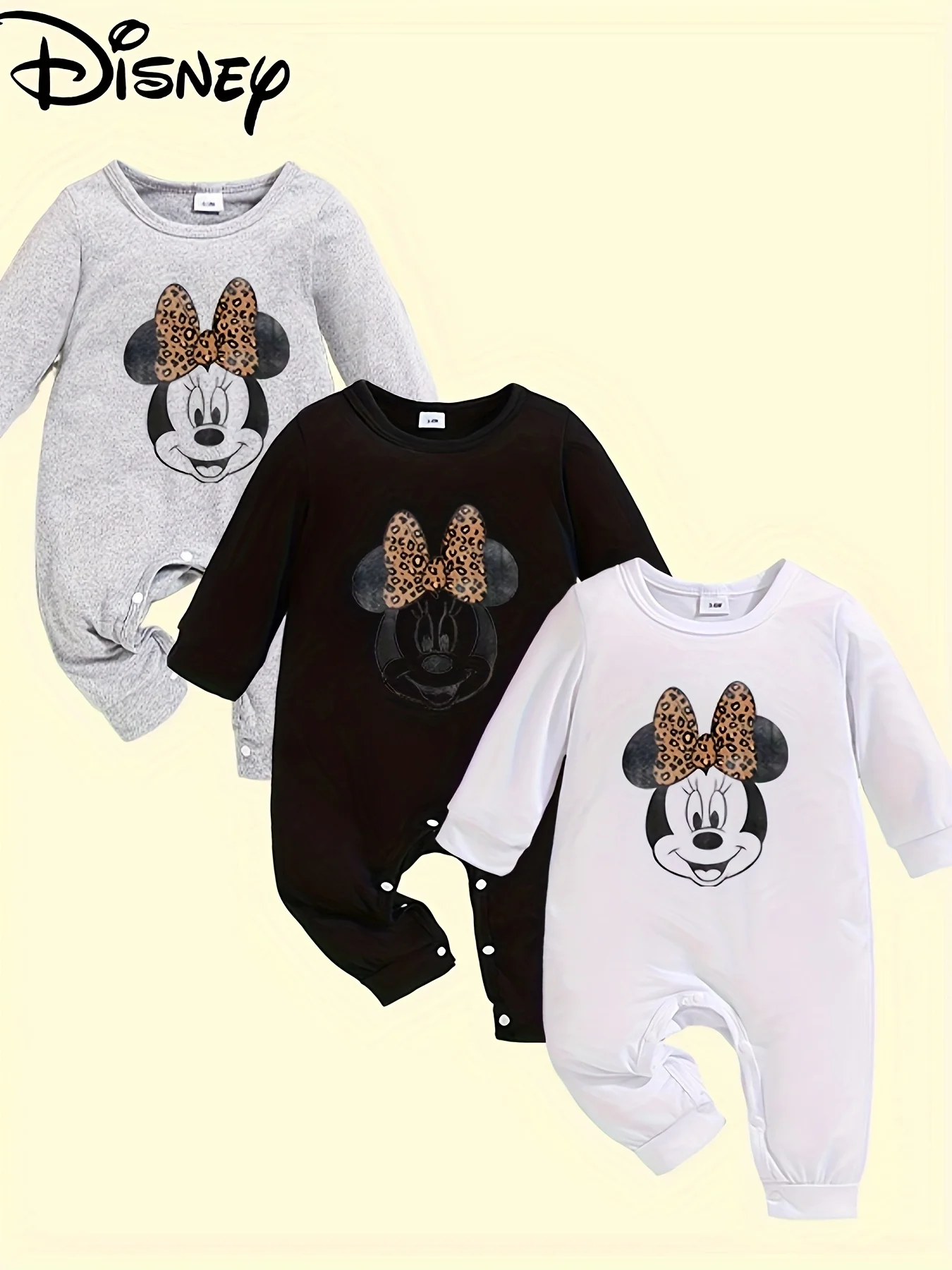 

【Officially Licensed | Disney 3-Pack】 Minnie Baby Long-Sleeve Rompers | Soft & Washable