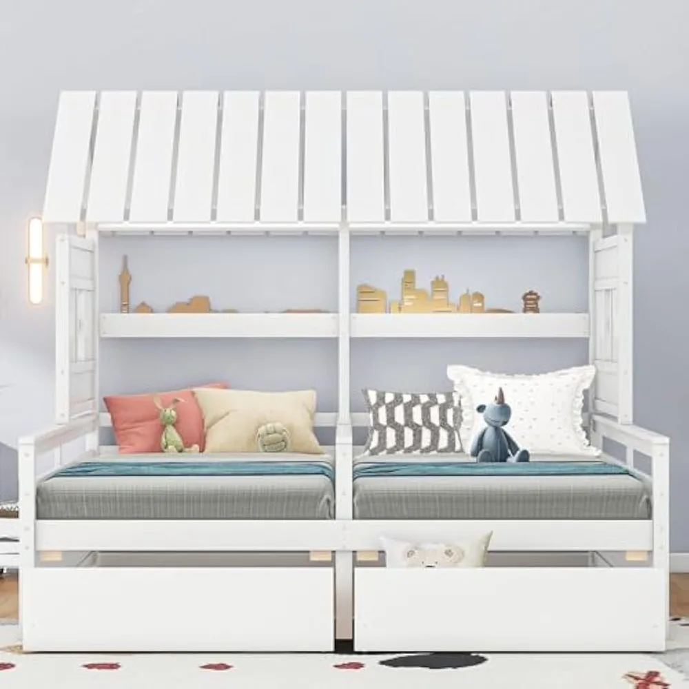 Twin Size House Platform Beds with Two Drawers for Boy and Girl Shared Beds, Combination of 2 Side by Side Twin Size Beds