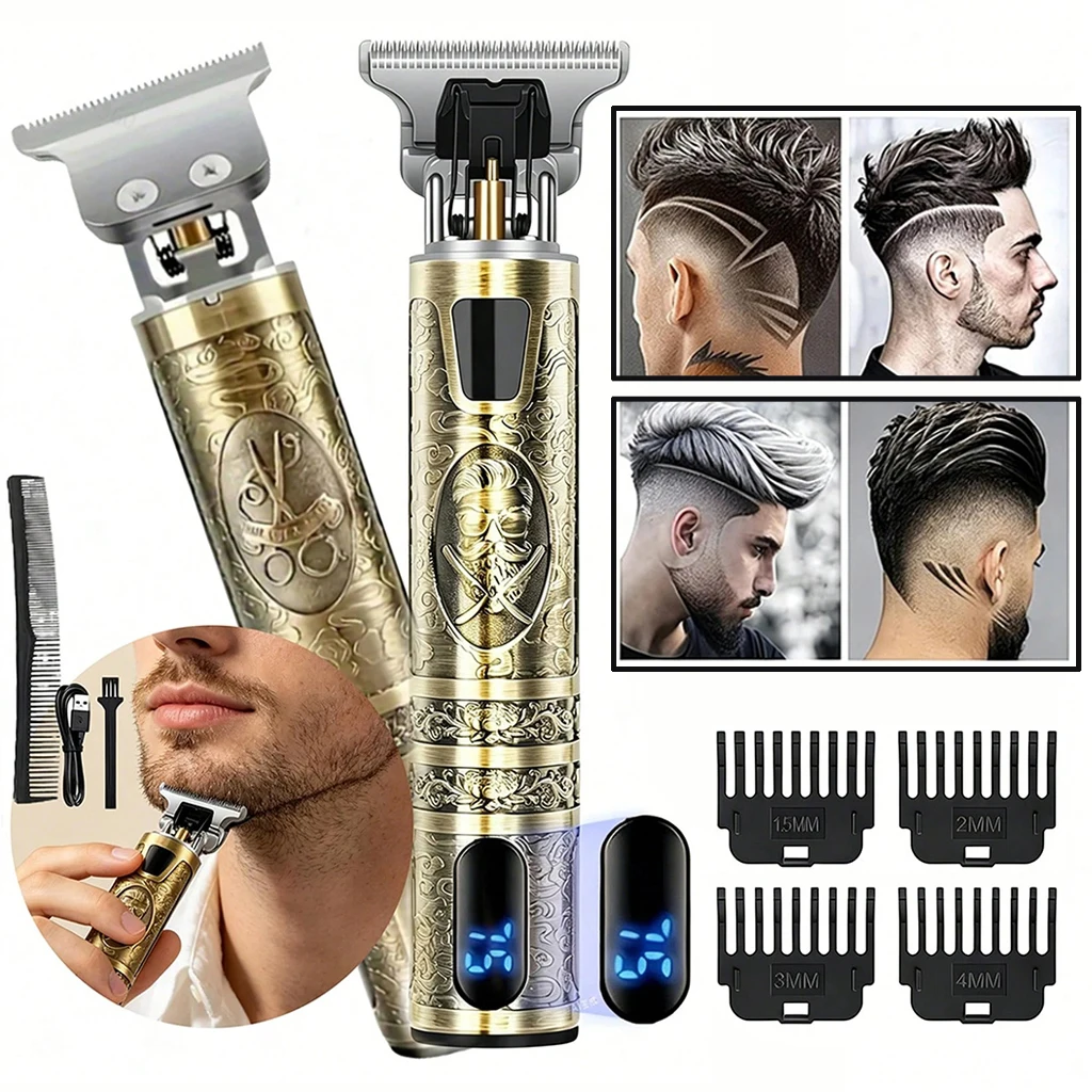Professional Electric Hair Clipper Men LCD Display Beard Trimmer Retro Gold T-Blade Razor Cordless Hair Cutting Machine Barber Tools