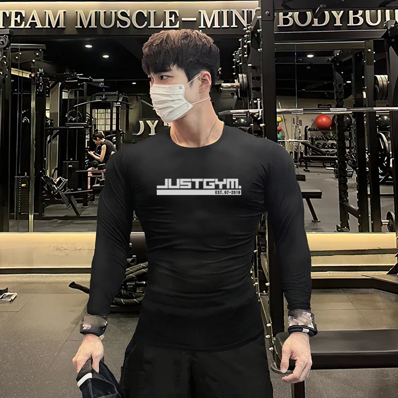 

Compression Tight Running T-shirt Mens Workout Fitness Tops Gym Bodybuilding Muscle Clothing Autumn Long Sleeve Quick Dry Shirts
