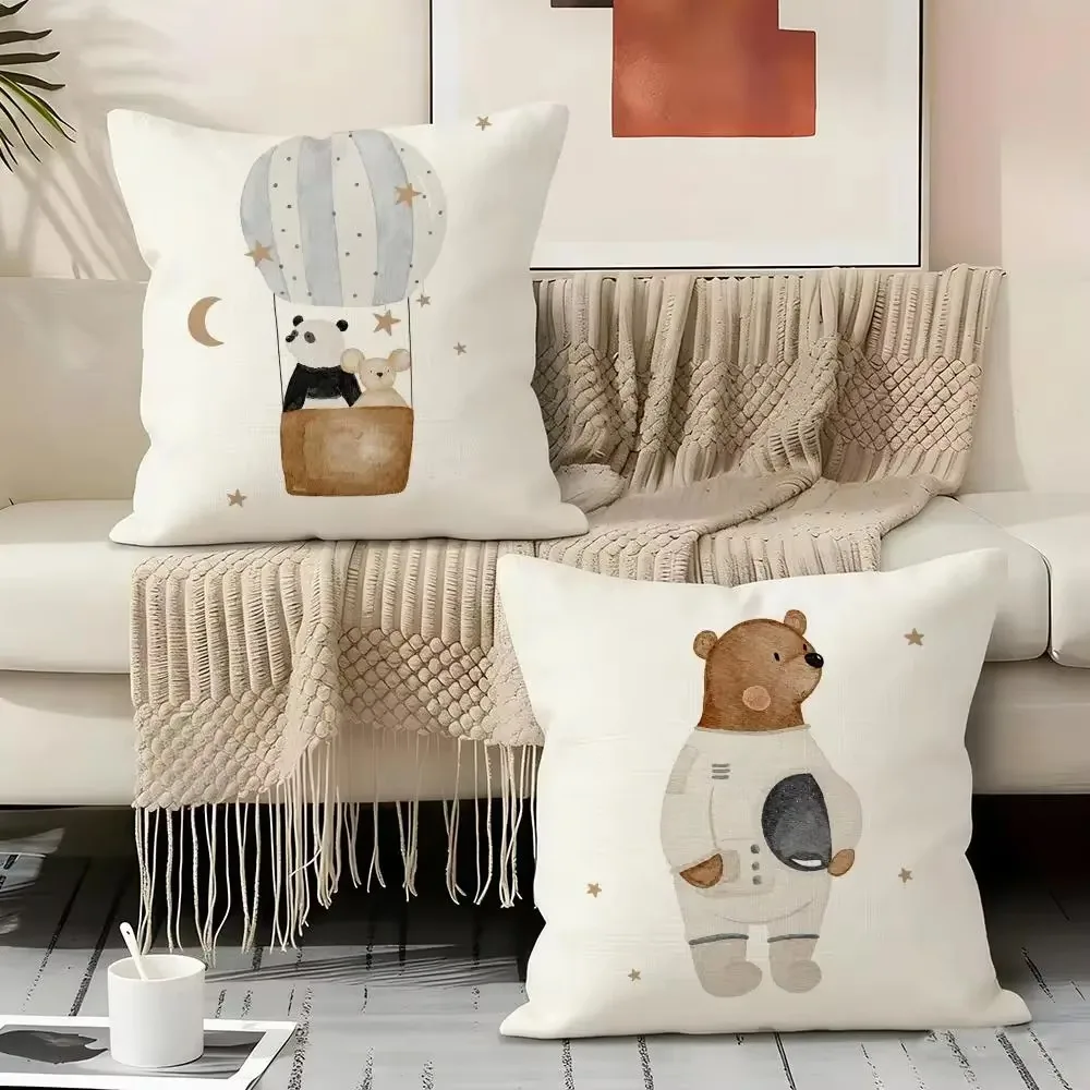 Double Sided Boho Space Pillow Cover, Rocket Bear Panda Mouse 2D Polyester Print Cushion for Sofa Bedroom Living Room Home Gift