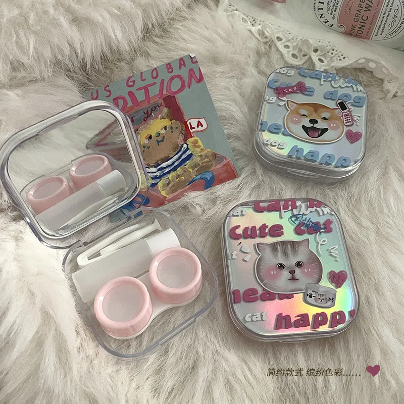 1 Piece Sweet Cartoon Contact Lenses Color Case Fashion Kawaii Puppy Kitten Eye Contacts Organizer Portable Contact Lenses Box