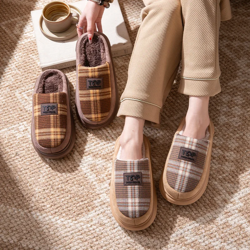 Men Women Warm Plush Slippers Thick Sole Fleece Lined Winter Check Style Cozy Anti Slip Indoor Outdoor Home Footwear Large Size