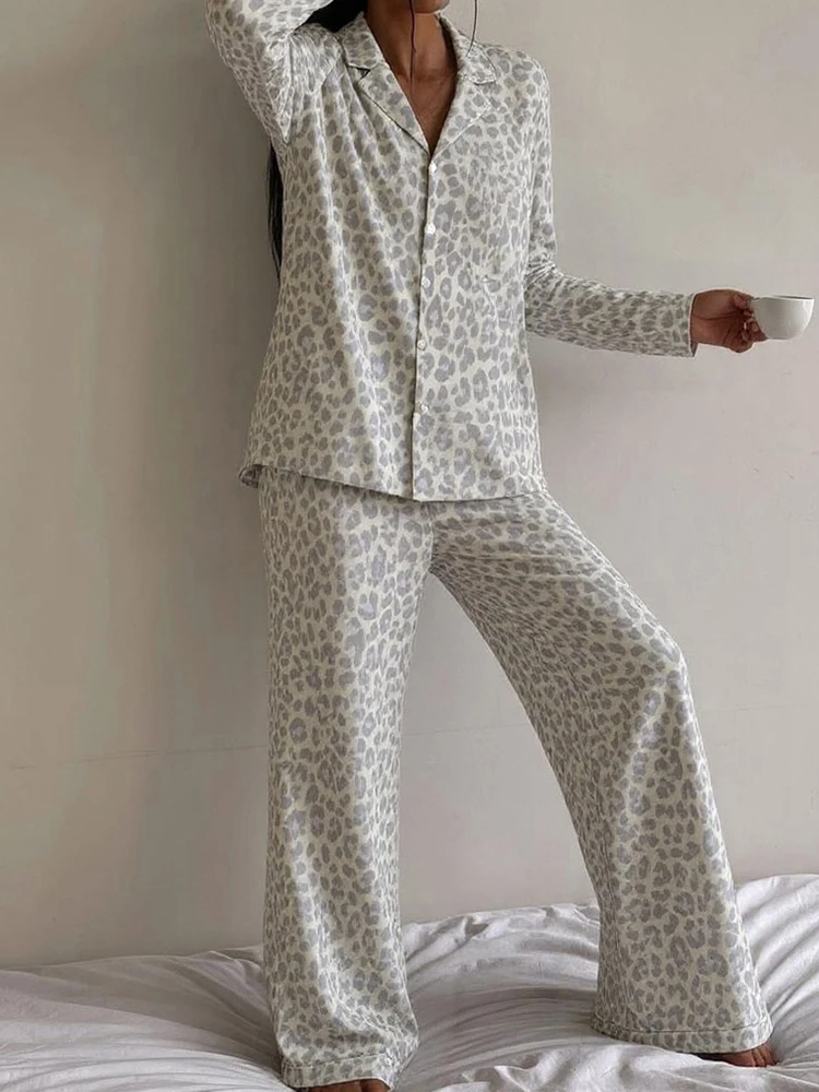 

Hiloc Elegant Leopard Print Autumn Women Pajama Long Sleeve Home V-Neck Single-Breasted Blouse Casual Floor-Length Pants Lapel