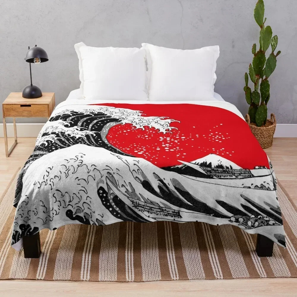 The Great Wave Off Kanagawa, Big Red Sun Throw Blanket Flannel Beach Soft Plaid Soft Big Blankets