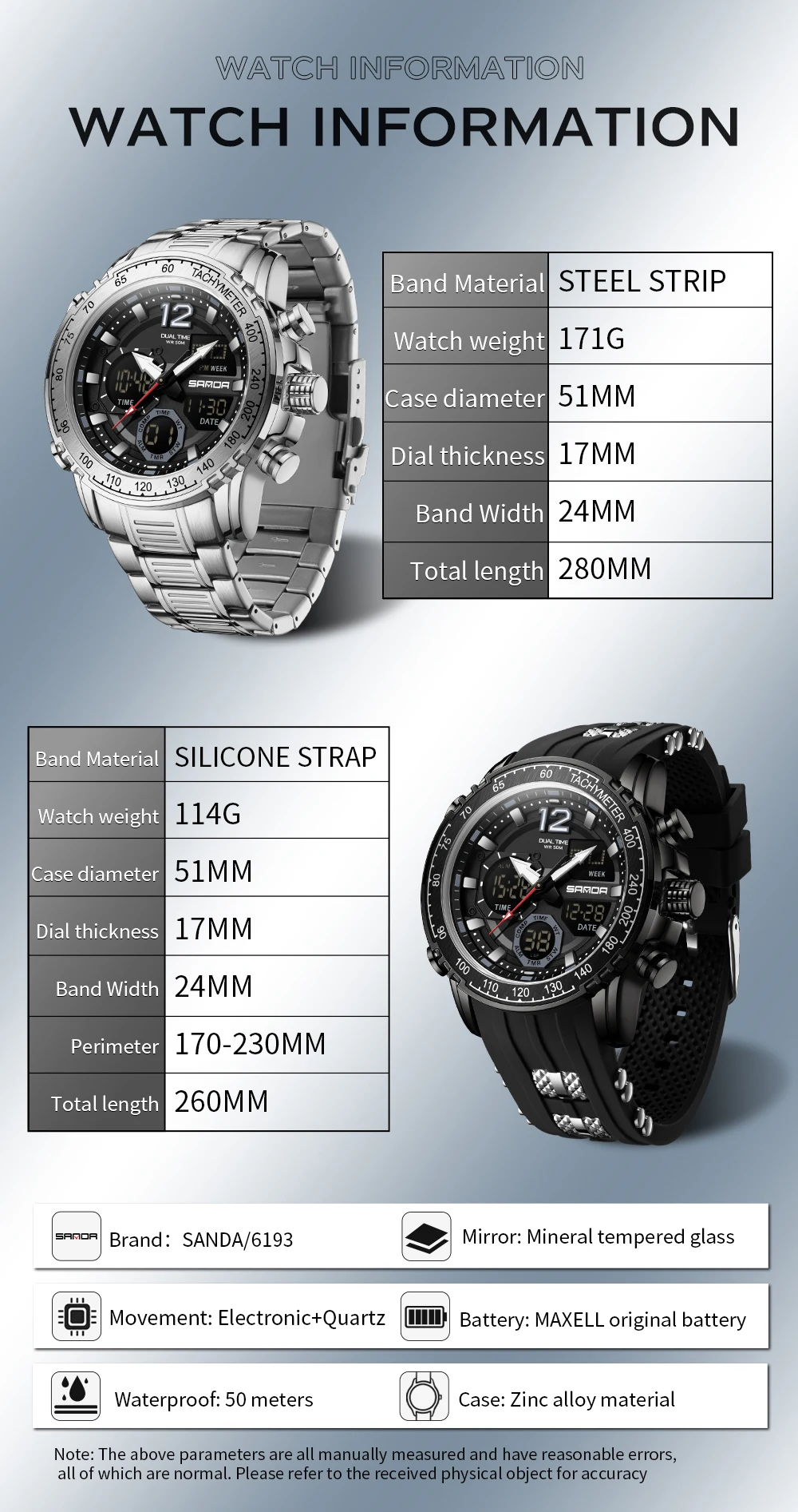 SANDA 6193 Relógio eletrônico com display duplo esportivo multifuncional à prova d'água luz noturna LED relógio eletrônico masculino da moda