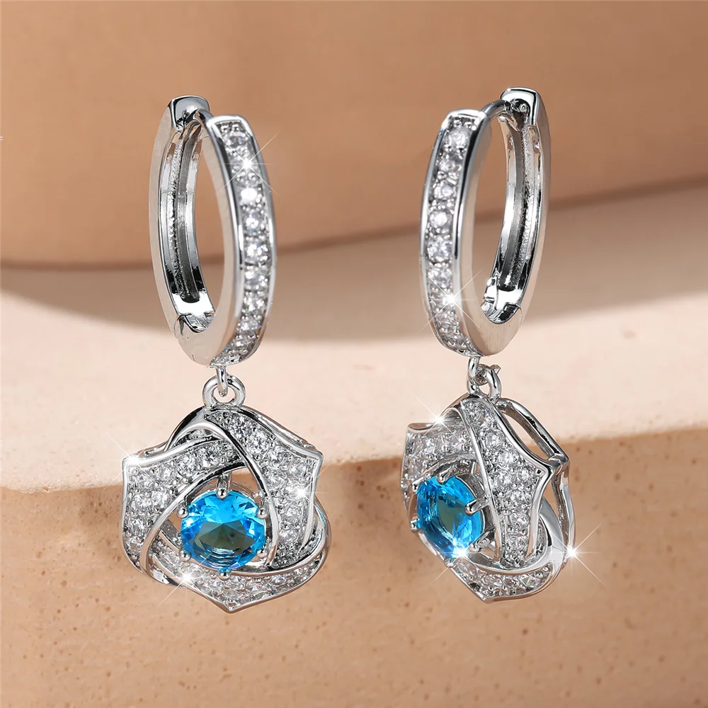 Women Vintage Fashion Water Blue Zircon Round Hoop Earring Luxury Crystal Stone Earrings For Silver Color Wedding Jewelry Gift
