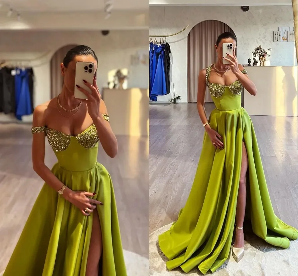 Sexy Green A Line Prom Dresses Long for Women Halter Neck paillettes lunghezza del pavimento High Side Split Birthday Pageant Celebrity Dress