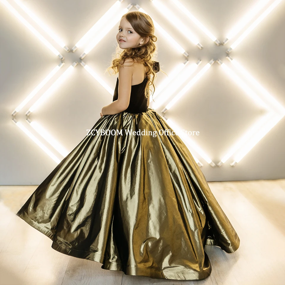 Luxo Gold One Shoulder Ball Gown para meninas, sem mangas, Flower Girl Dresses, Princess Birthday Party, First Communion Gowns, 2023