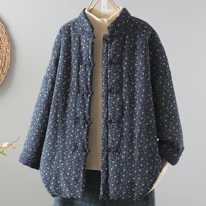 

Thiened Warm Cotton Floral Print Loose Fit Winter Outerwear Chinese Sle National Faion Buttoned Cotton Coat Women's Clo...