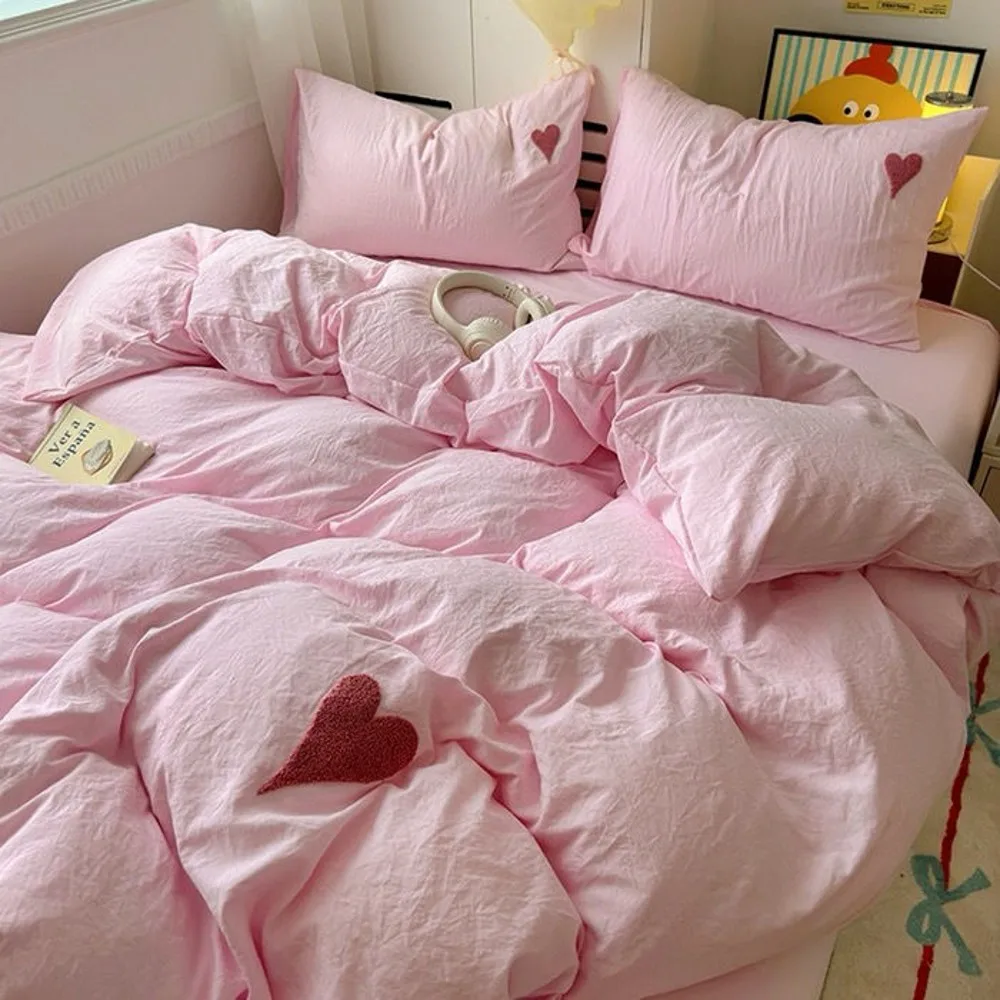 Conjunto de capa de edredão branca com coração para meninos e meninas, folha plana, fronhas, sem enchimento, gêmeo, roupa de cama queen size, ins coreano rosa, novo