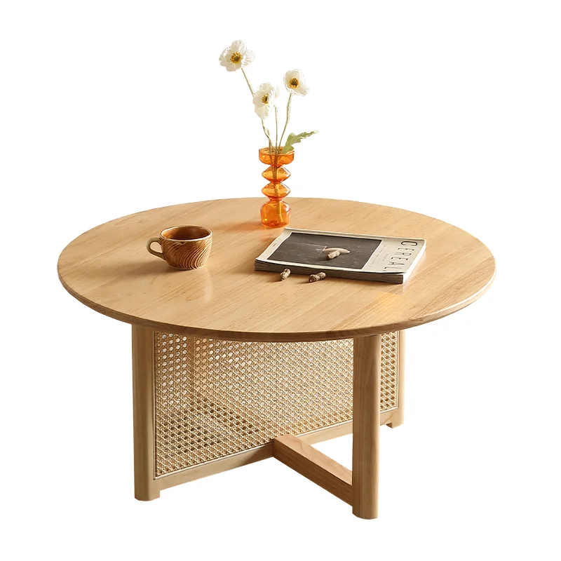 

Vine woven table for living roomwooden style small unit homestay solid wood round table balcony leisure small tea side table