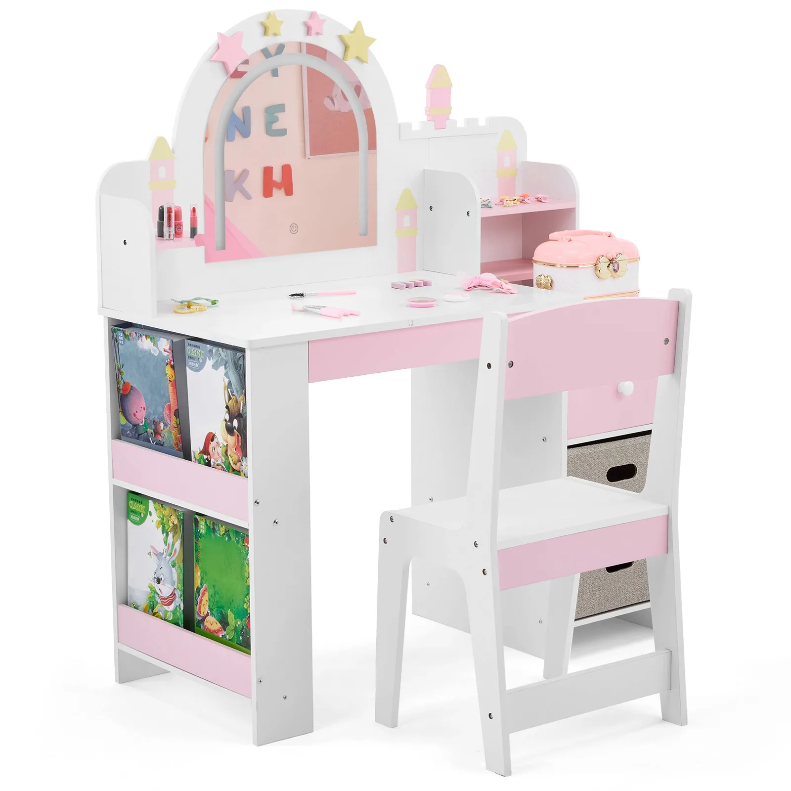 طقم طاولة زينة للأطفال مع مرآة ومقعد هدية مكياج للأطفال البنات #5