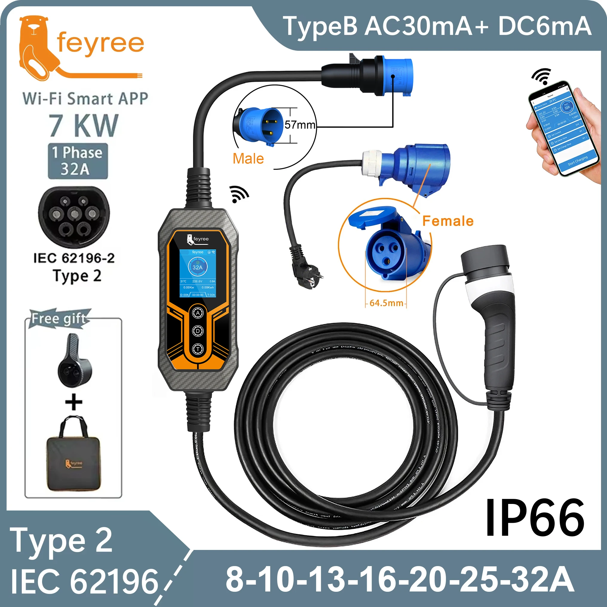 feyree Portable EV Charger Type2 32A 7KW EVSE Wi-Fi APP Control Adjustable Current Smart Timing Charging for Home & Outdoor Use