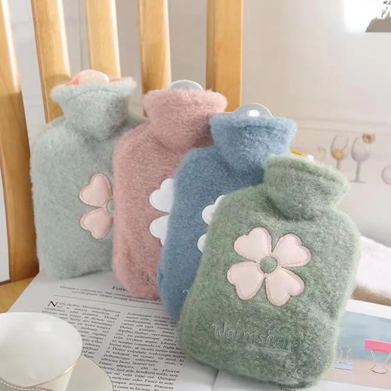 500/1000ML Cute Winter Plush Water Bottle Warm Belly Water Injection Style Hand Warmer Flower Hot Water Bag Detachable Washable