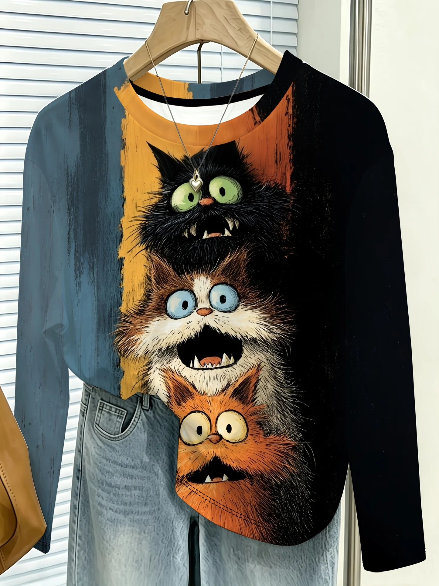 Women T‑Shirt Long Sleeve 3D Funny Scary Cat Stack Print Tees Casual Street Female Wear Daily O‑Neck Fashion Top Women's Clothes