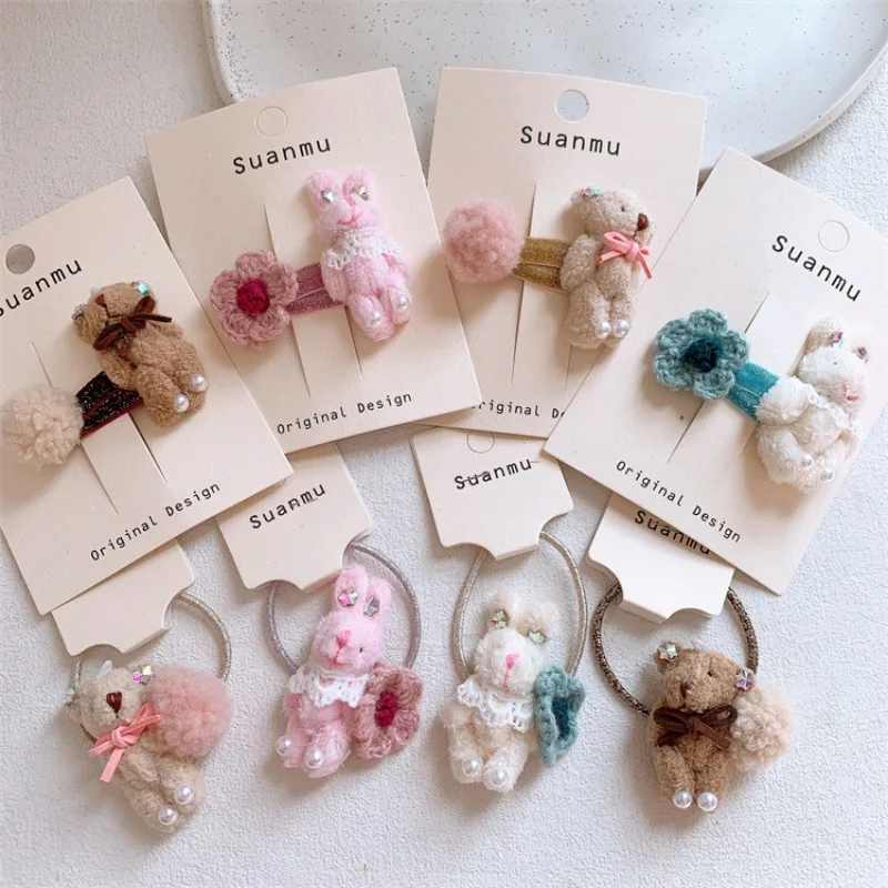 

Wool Flower Rabbit Hair Clips for Girls Cute Pom Pom Bear Hair Ties Side Bangs Baby Elastic Ponytail Holders Hair Accessories