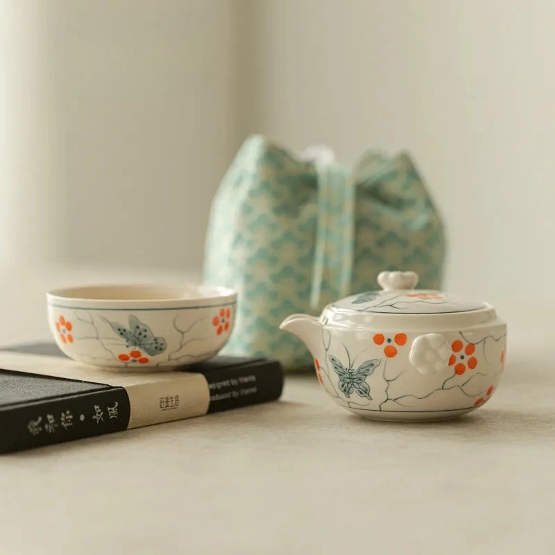 Hand Painted Pansies Travel Tea Set Storage Bag Camping Chinese Tea Cup Set Puer Teapot for  Gift Supplies Simple Infuser