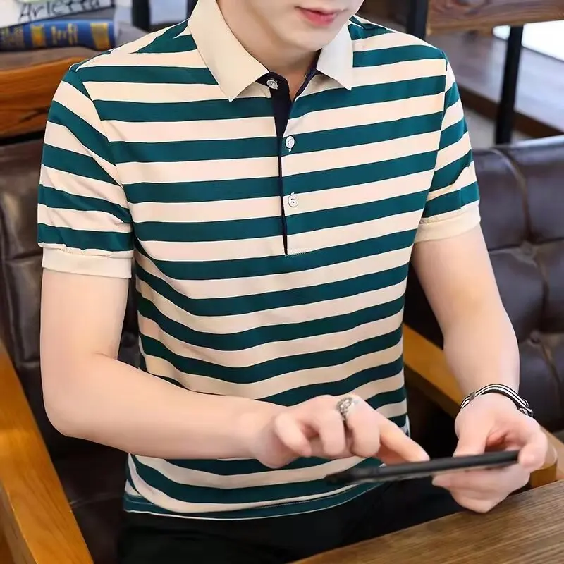 Elegant Summer Men's  Shirt Casual Stripe Short Sleeve Turn-down Collar T-shirt Lightweight Breathable Antibacterial